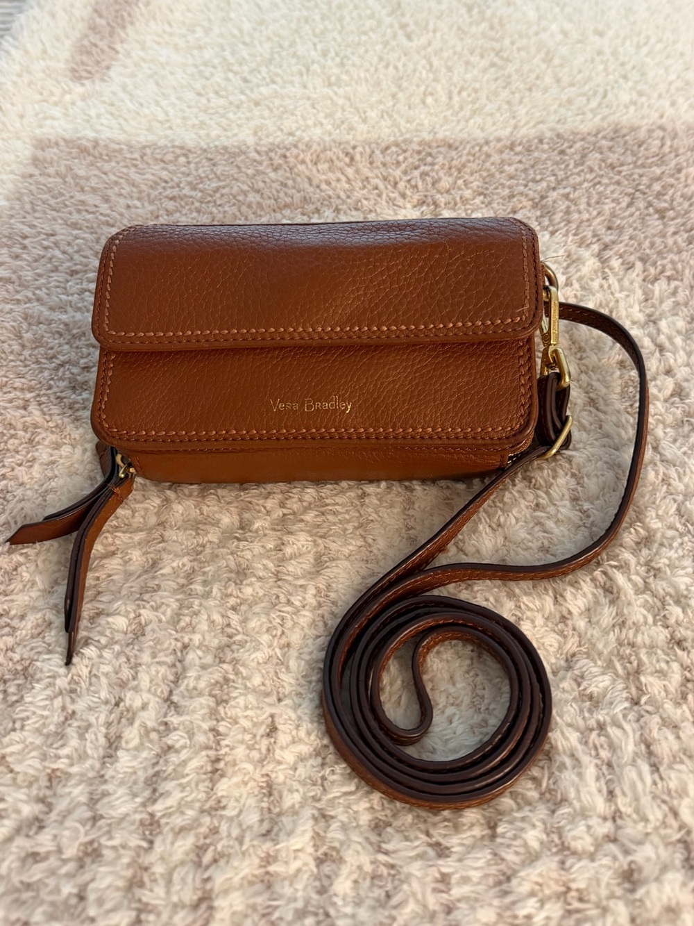 Vera Bradley Cognac Leather Wallet Crossbody Bag Floral Lining